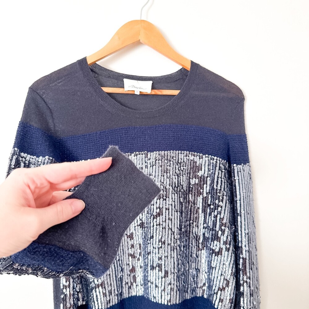 3:1 Phillip Lim Women’s Sweater Wool Sequin Size SMALL Navy Elegant Merino Wool - Picture 4 of 11